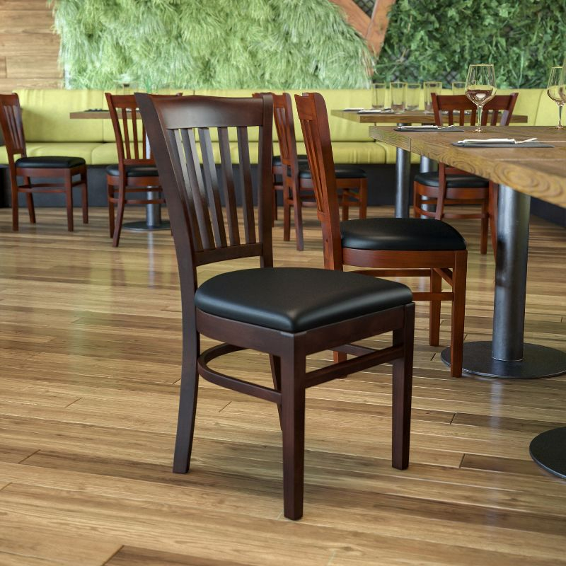 Flash Furniture HERCULES Series Vertical Slat Back Walnut Wood Restaurant Chair - Black Vinyl Seat