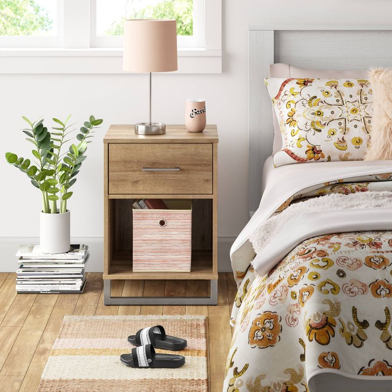 Mixed Material Dorm Nightstand Natural - Room Essentials™: Spacious Drawer, Open Shelf, Metal Legs