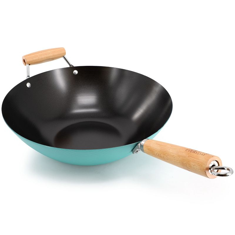 Martha Stewart Everyday Clarkston 14 Inch Nonstick Carbon Steel Wok with Wooden Handle in Teal