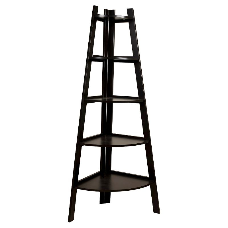 Danya B. 63" x 26.5" Five-Tier Pyramid Corner Ladder Shelf Brown: MDF Wood, Open Back Design, Fixed Shelves