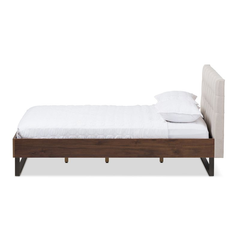 Queen Mitchell Rustic Industrial Walnut Wood & Metal Platform Bed with Tufted Headboard - Baxton Studio
