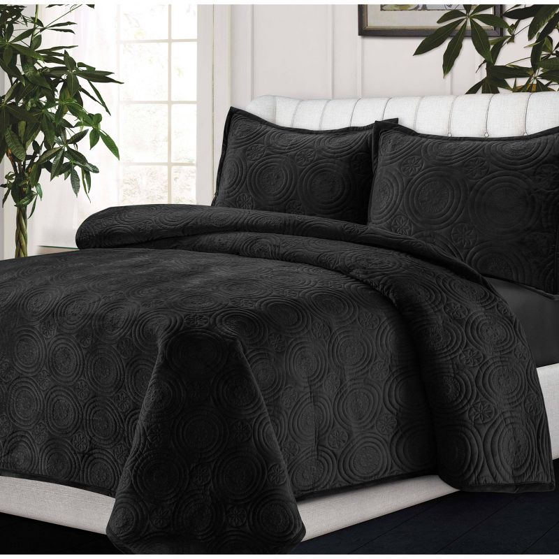 King 3pc Capri Medallion Velvet Oversized Solid Quilt Set Steel Gray - Tribeca Living
