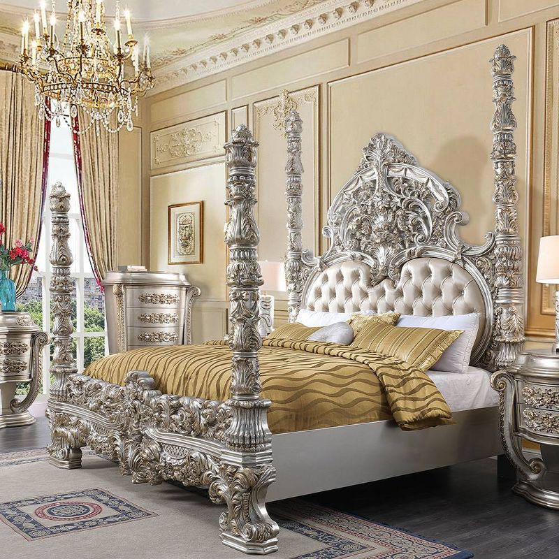 96" Eastern King Bed Danae Bed Synthetic Leather, Champagne and Gold Finish - Acme Furniture: Tufted, Camelback Headboard, Faux Leather