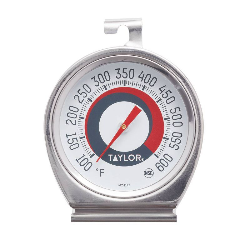 Taylor Ambient Oven Grill Temperature Thermometer: Stainless Steel, Analog, Large Dial, 100-600°F, Spot Clean