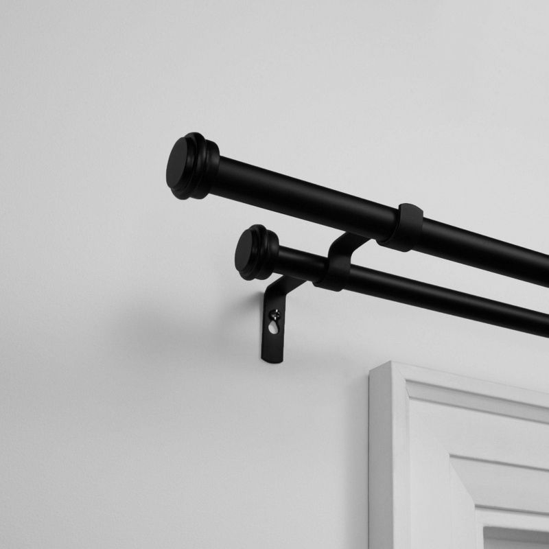 Exclusive Home 36"-72" Topper Double Curtain Rod - Matte Black: Adjustable Iron Set, 25 lb Capacity, Flat Cap Finial