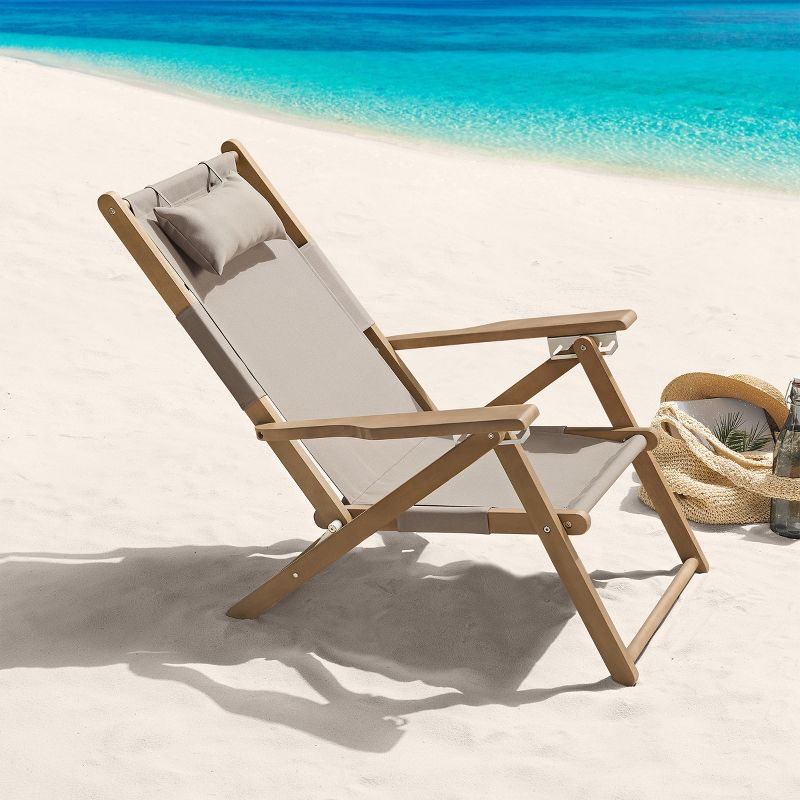 Beach Chair - Outdoor Weather-Resistant Wood Folding Chair with Backpack Straps - 4-Position Reclining Seat - Beach Essentials by Lavish Home (Taupe)