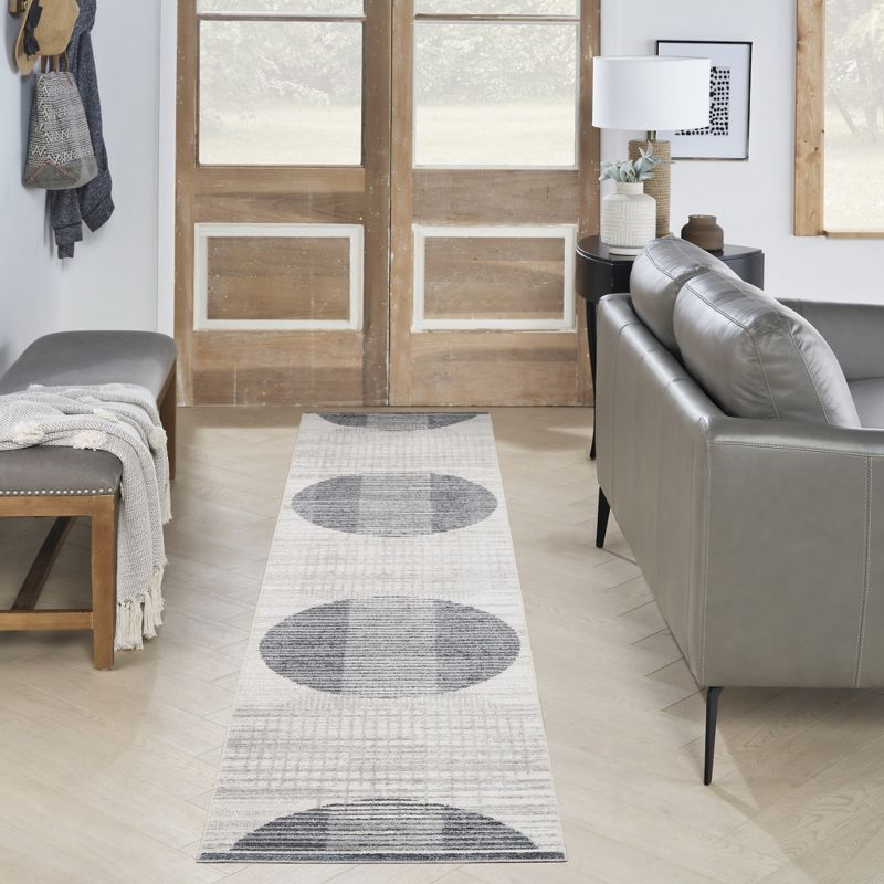 Nourison Astra Machine Washable Semi Circles Mid-Century Modern Indoor Bathroom, Kitchen Runner Rug Ivory Blue 2'2" x 12'