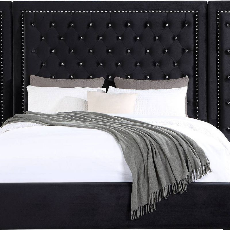 Damazy 86" King Bed Black Velvet - Acme Furniture: Crystal-like Tufting, Nailhead Trim, No Box Spring Required