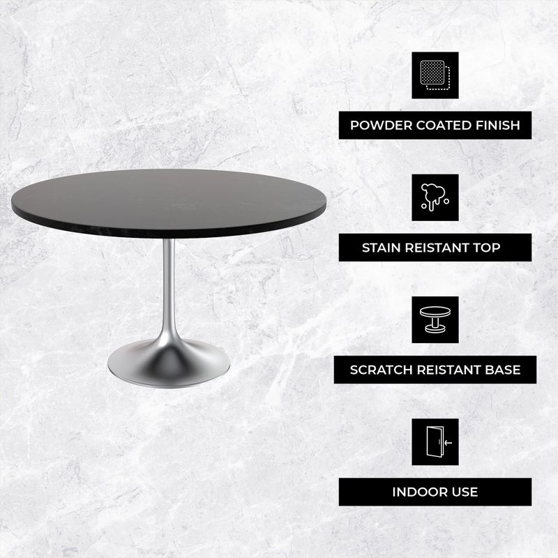 LeisureMod Verve Mid-Century Modern 48" Round Table with MDF Top and Brushed Chrome Pedestal Base for Dining Room and Kitchen in Black