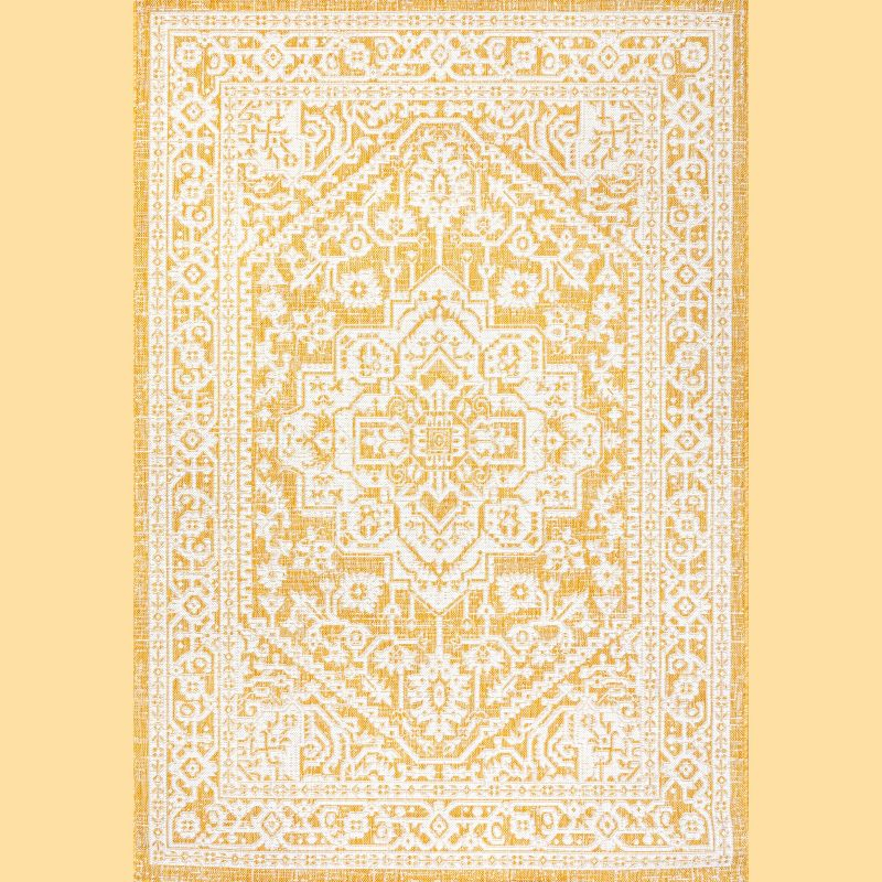 9' x 12' Sinjuri Medallion Textured Weave Indoor/Outdoor Area Rug, Yellow/Cream - JONATHAN Y