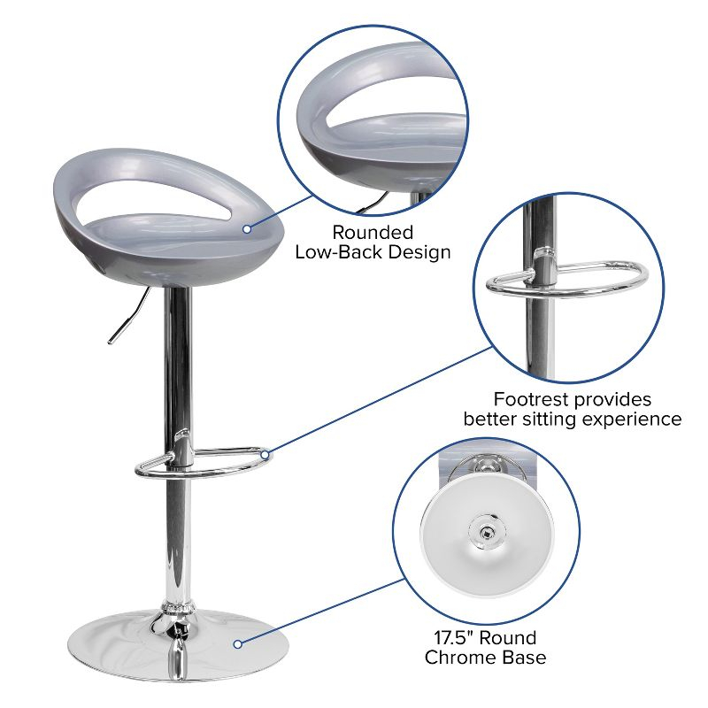 Flash Furniture Contemporary Silver Plastic Adjustable Height Barstool with Rounded Cutout Back and Chrome Base
