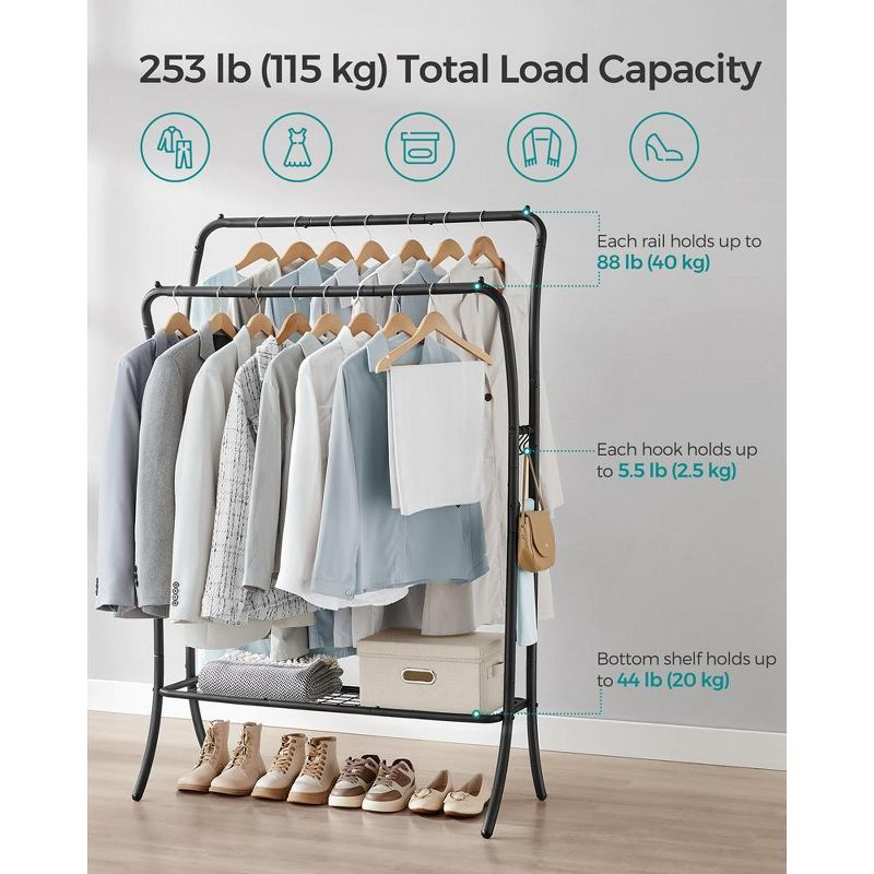 SONGMICS Clothes Rack Clothing Rack with Shelves Double Rod Clothes Rack with 6 Hooks Clothes Storage and Display for Living Room Bedroom Ink Black