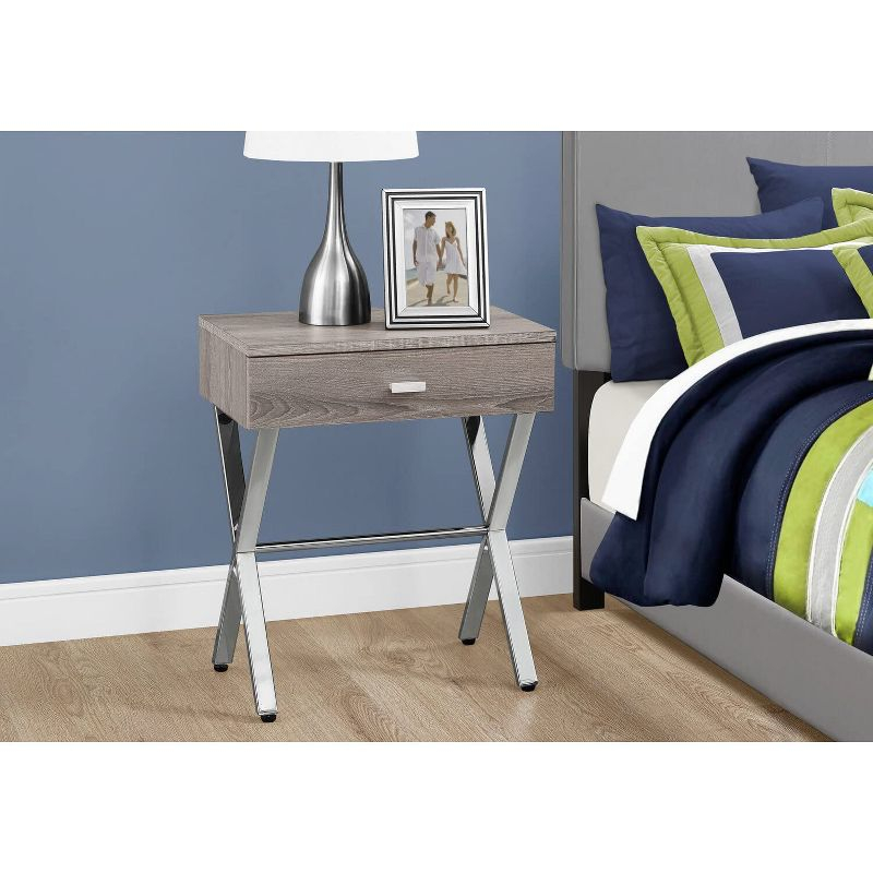 Monarch Specialties Accent Table Side End Nightstand Lamp Storage Drawer Living Room Bedroom Metal Laminate Brown Chrome Contemporary Modern
