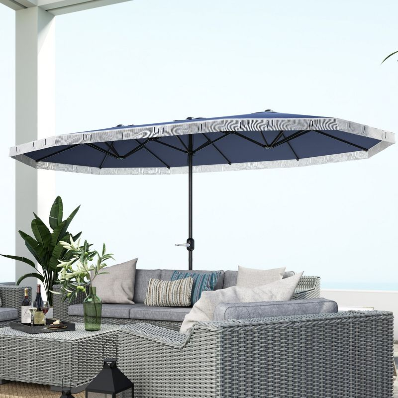 Outsunny 15ft Extra Large Patio Umbrella, UPF30+ Double-sided Rectangle Umbrella with Easy Crank Handle, 2 Vents for Garden Pool Lawn, Dark Blue