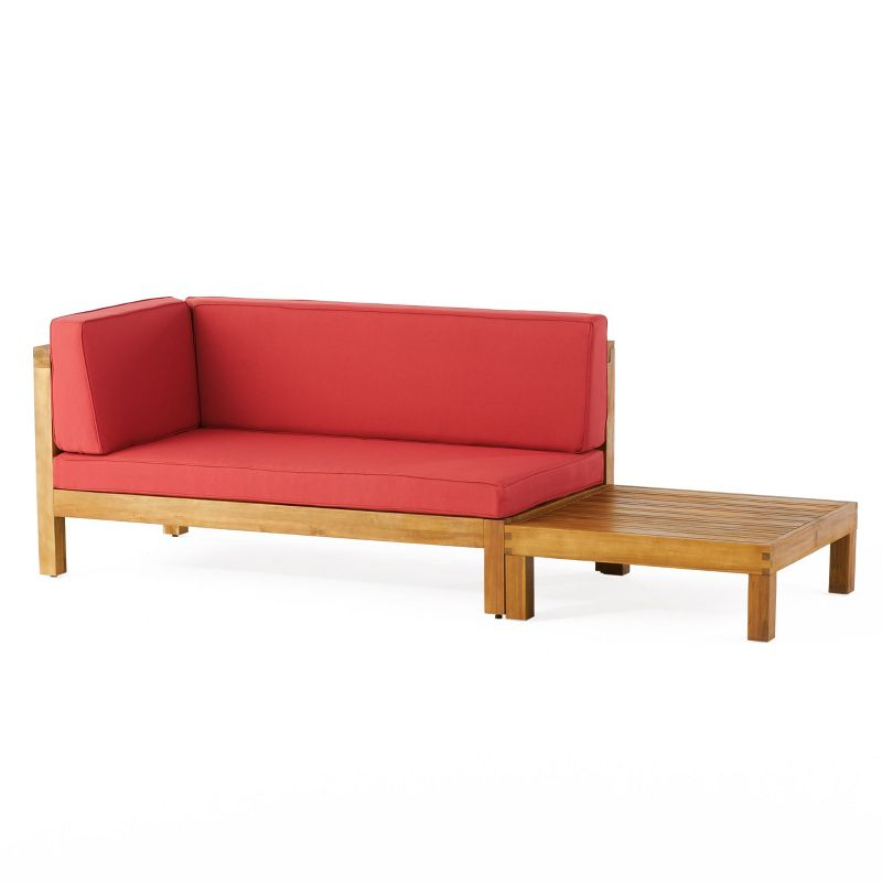 Christopher Knight Home Oana Outdoor Acacia Wood Left Arm Loveseat and Coffee Table Set with Cushion, Teak/Red