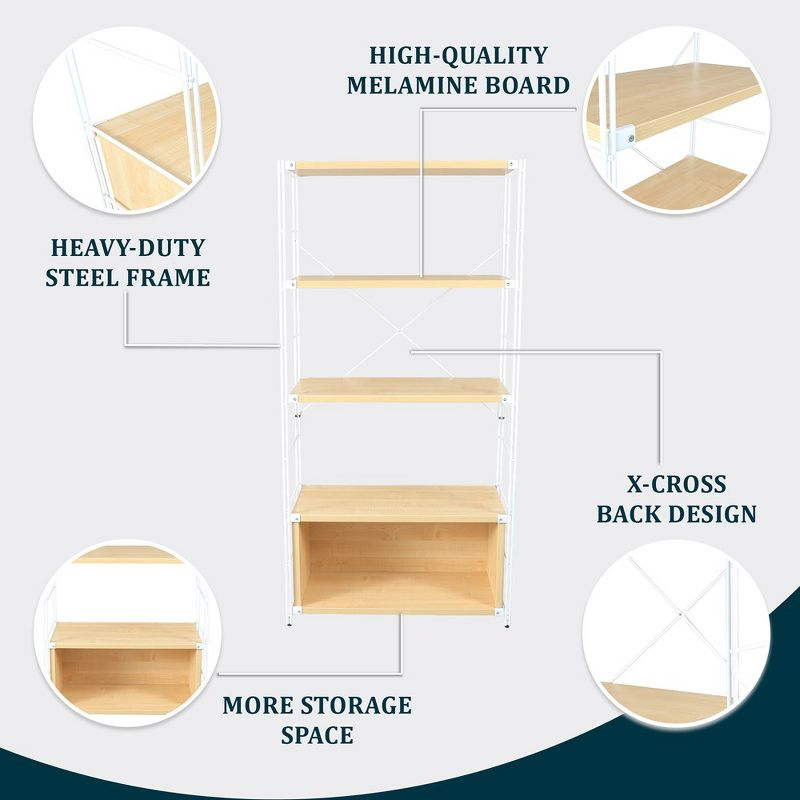 LeisureMod Etagere 4-Shelf Bookcase - White Stainless Steel Frame, Durable Melamine Shelves, Perfect for Living Rooms or Offices, Natural Wood