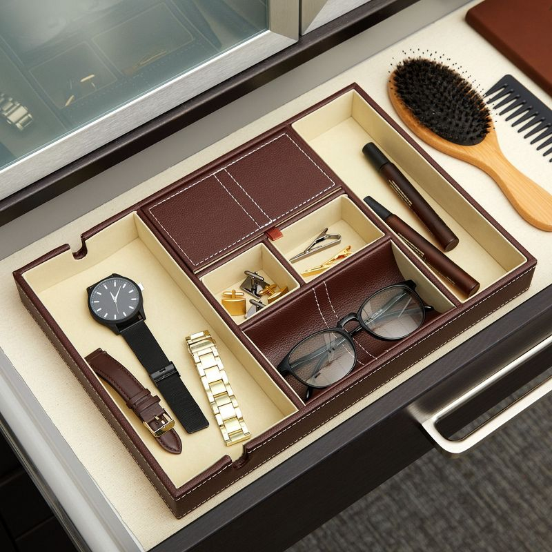 Juvale Leather Valet Catchall Tray for Men with 6 Compartments - Bedside Nightstand Organizer for Phones (Brown)