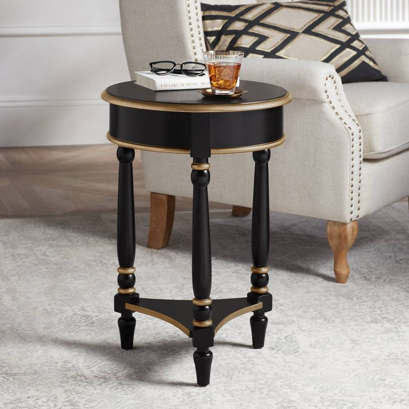 55 Downing Street Cason Vintage Wood Round Accent Side End Table 18 1/4" Wide with Shelf Black Gold Trim for Living Room Bedroom Bedside Entryway Home