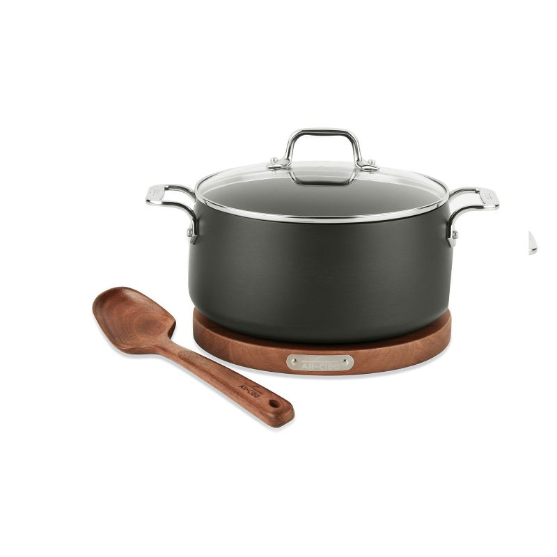 All-Clad HA1 Hard Anodized Nonstick Cookware, Dutch Oven with Acacia Wood Trivet & Spoon and Glass Lid, 6 quart