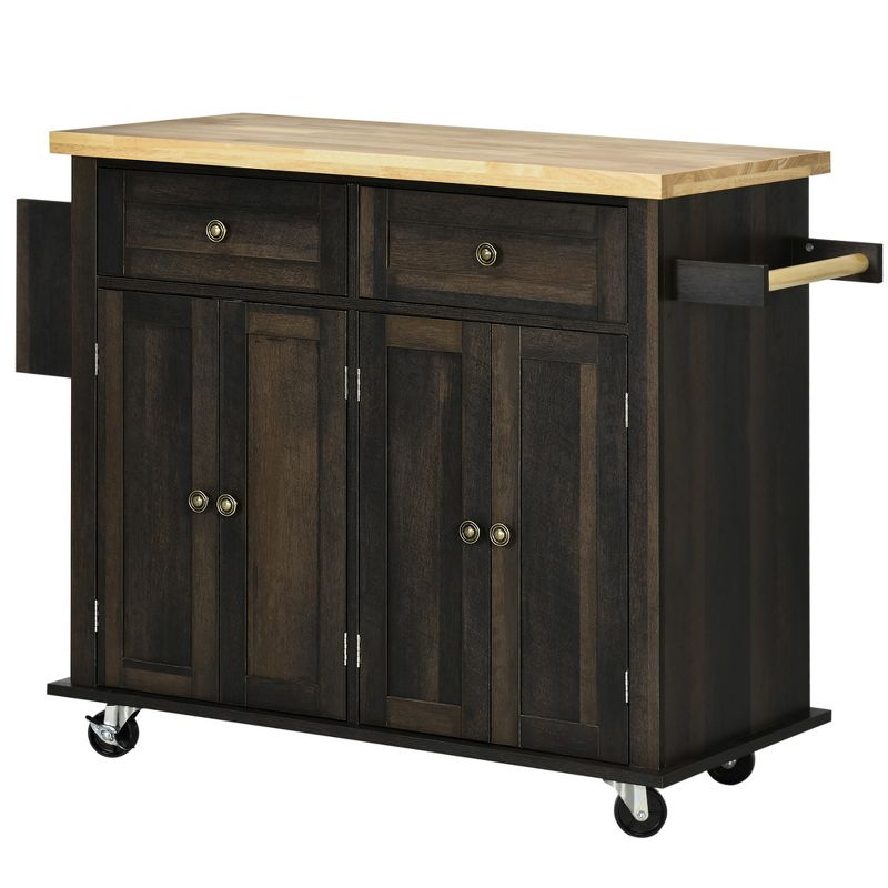 HOMCOM Kitchen Island on Wheels, Rolling Cart with Rubber Wood Top, Spice Rack, Towel Rack & Drawers for Dining Room, Brown Oak