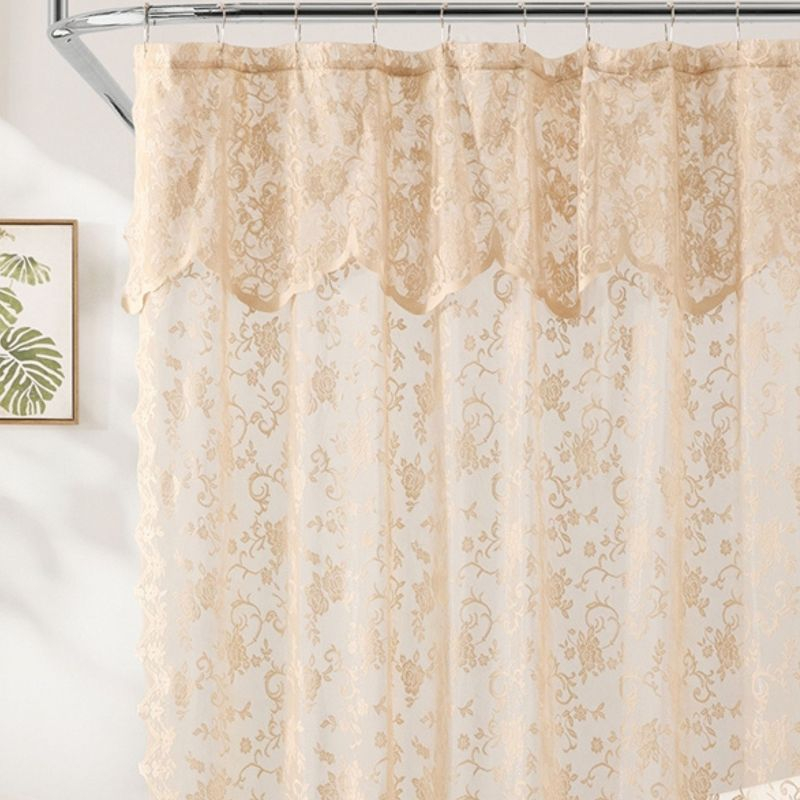 HLC.ME Harper Lace Shower Curtain for Bathroom with Floral Vine Design and Attached Valance- Elegant Victorian Classic Style - Linen, 72" W x 72" L