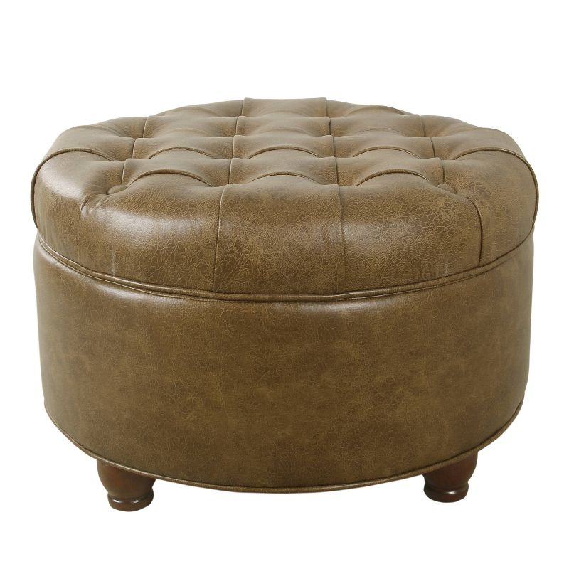 Large Tufted Round Storage Ottoman Faux Leather Distressed Brown - HomePop