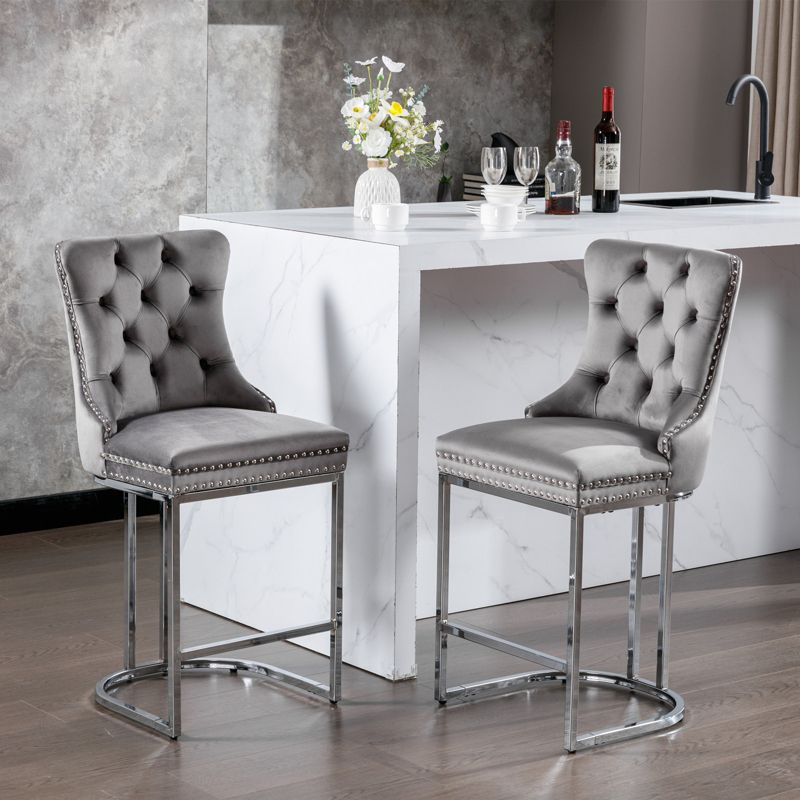 DOMETOUR 25" Counter Height Bar Stools Set of 2 Modern Velvet Upholstered Barstools with Button Back & Rivet Trim Gray