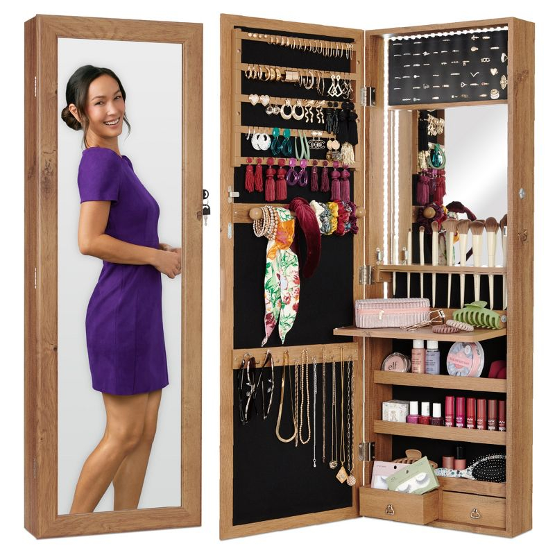 Best Choice Products Hanging Mirror Jewelry Armoire, Door or Wall Mounted Cabinet w/ LED Lights, Lock - Rustic Brown