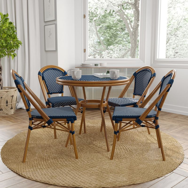 Merrick Lane Sacha Bistro Style Table with Glass Top, Navy & White PE Rattan, 2 Stack Chairs, and Bamboo Finished Metal Frame for Indoor/Outdoor Use