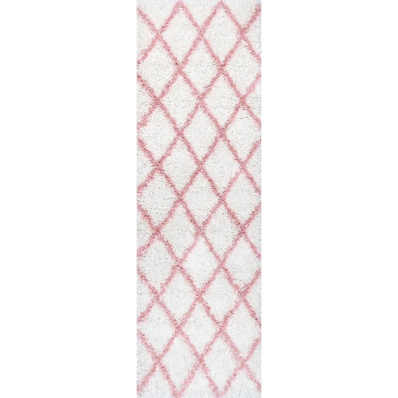 Nuloom Tess Geometric 2x8 Runner Shag Indoor Area Rug for Living Room Bedroom Dining Room Nursery Entryway Hallway, Pink/Ivory