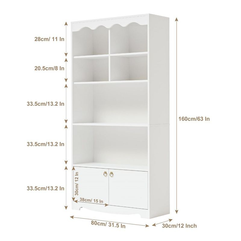 5-Tier White Bookcase, 63 Inch Tall Bookshelf with Open Storage Shelves & Doors, Modern Wooden Floor Standing Display Storage Shelves