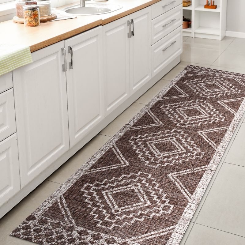 2'x10' Marokko Diamond Medallion Indoor/Outdoor Runner Rug, Brown/Beige - JONATHAN Y