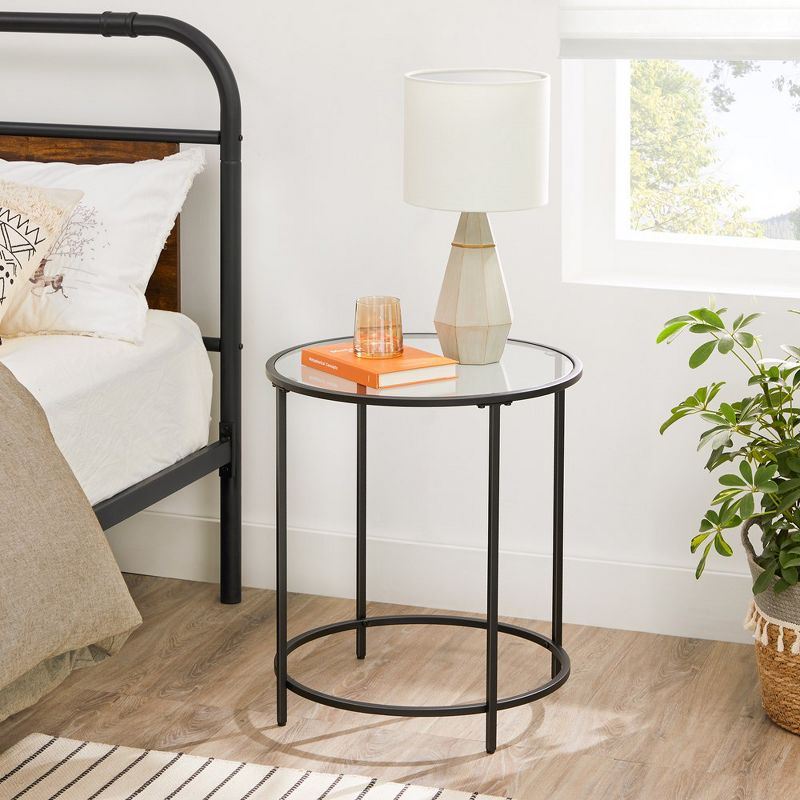 VASAGLE Round Side Table, Glass End Table with Metal Frame, Black Coffee Table with Modern Style Black