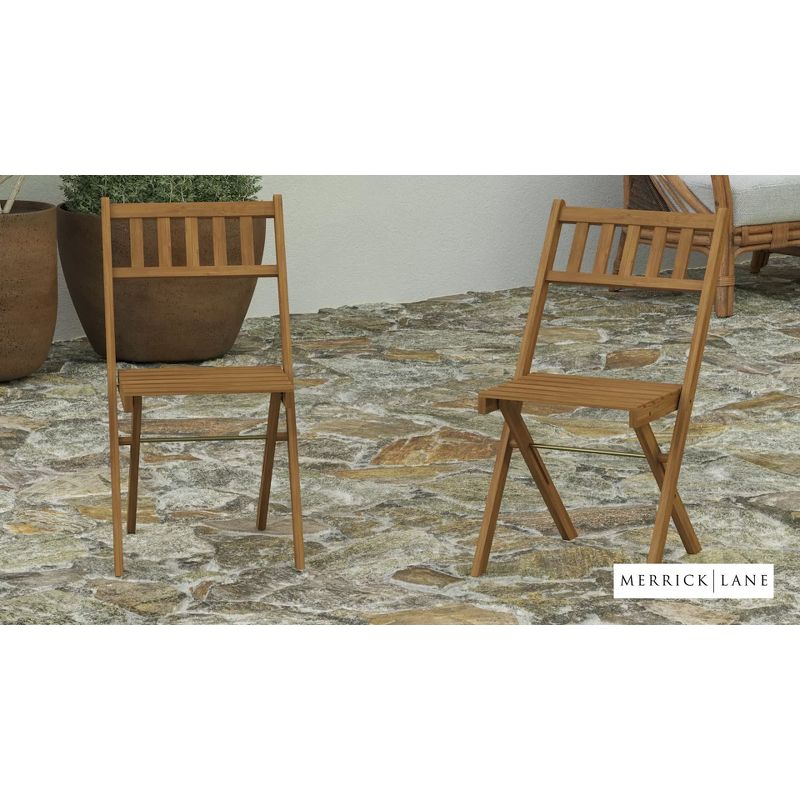 Merrick Lane Set of 2 Solid Acacia Wood Armless Folding Patio Bistro Chairs with Slatted Backs and Seats in Natural Finish