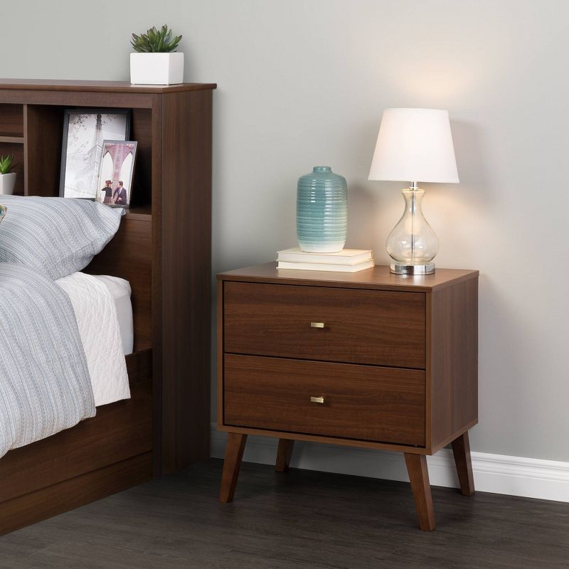 Milo Mid Century Modern 2 Drawer Nightstand Cherry - Prepac: Brushed Brass Knobs, Tapered Legs
