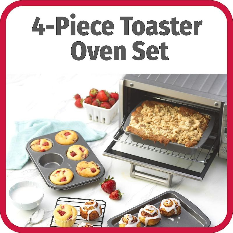 GoodCook 4-Piece Nonstick Steel Toaster Oven Set with Sheet Pan, Rack, Cake Pan, and Muffin Pan, Gray,Gray