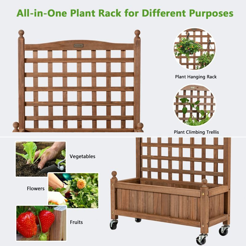 Tangkula 32in Wood Planter Box with Trellis and Wheels Mobile Plant Raised Bed for Indoor&Outdoor