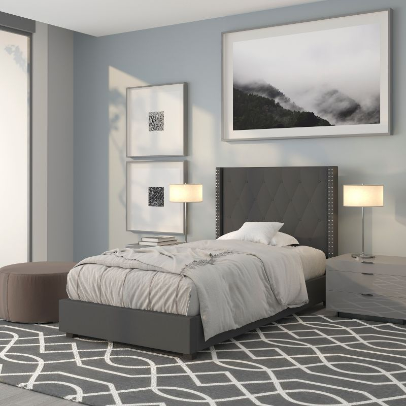 Flash Furniture Riverdale Twin Size Tufted Upholstered Platform Bed in Dark Gray Fabric