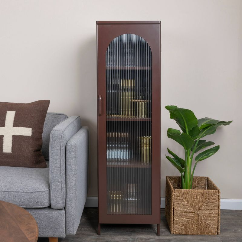 Storied Home Tall Metal Accent Cabinet: 3 Shelves, Arched Glass, Vintage Brown, 57" Height
