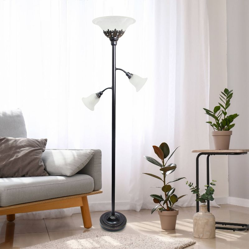 Torchiere Floor Lamp with 2 Reading Lights and Scalloped Glass Shades Bronze/White - Lalia Home: Adjustable, UL Listed, Metal Body