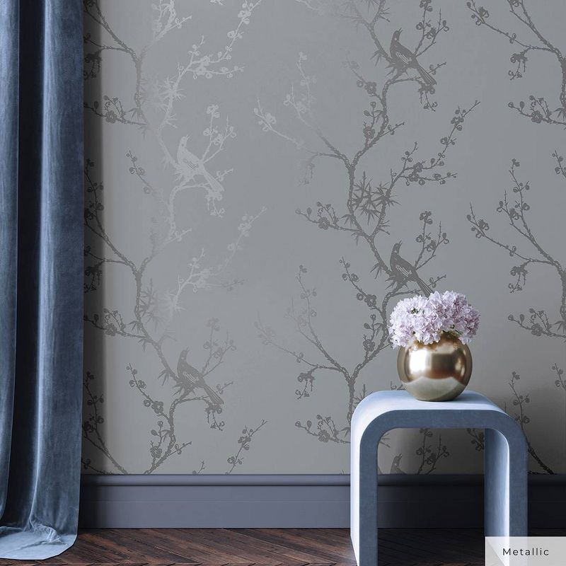 Tempaper & Co.® x Cynthia Rowley Bird Watching Removable Peel and Stick Wallpaper, Dove Gray, 56 sq ft: Vinyl, Self-Adhesive, Botanical