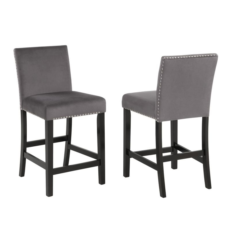 Roundhill Furniture Cobre Contemporary Velvet Counter Stool with Nailhead Trim, Gray, Set of 2
