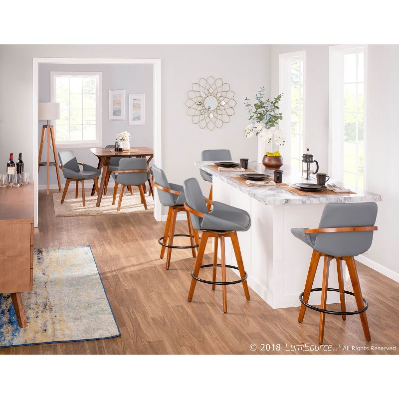 26" Cosmo Mid-Century Modern Counter Height Barstool Gray - LumiSource: Faux Leather, Walnut Wood Arms