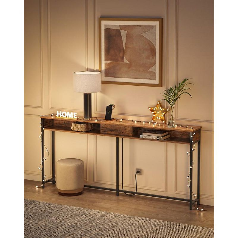 VASAGLE Narrow Console Table 70.9" with 2 Outlet and 2 USB Ports Sofa Table with Charging Station Long Entryway Table Rustic Brown and Black