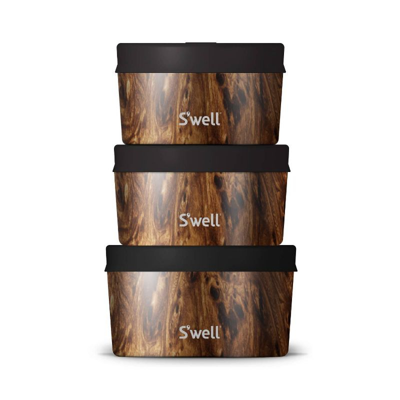 S'well Food Canister Set Teakwood: Stainless Steel Storage, Dishwasher-Safe, Silicone Lid, 3-Piece Set