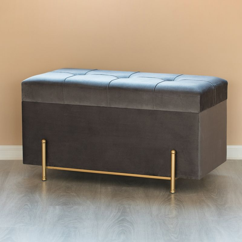 Fabulaxe Large Rectangle Velvet Storage Ottoman with Golden Legs | Sitting Bench for Living Room Home Decor with Cylindrical Golden Support (Gray)