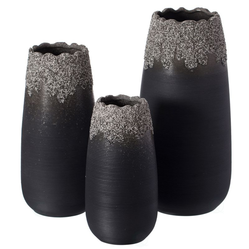 Uniquewise Contemporary Black Table Vase with Dripping Crystal Look and Scalloped Opening Design, Set of 3