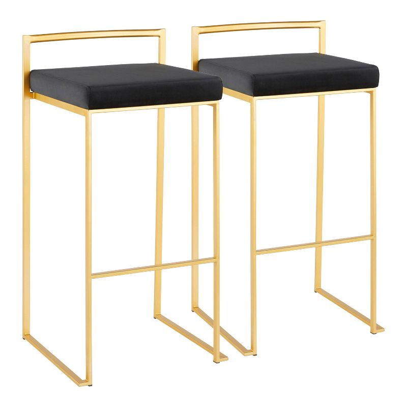 34" Set of 2 Fuji Contemporary Stackable Barstools Gold/Black Velvet - LumiSource: Cosmopolitan, Upholstered, Metal
