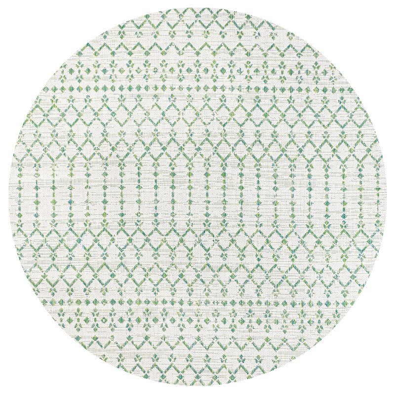 5' Round Ourika Moroccan Geometric Textured Weave Indoor/Outdoor Area Rug, Green/Ivory - JONATHAN Y