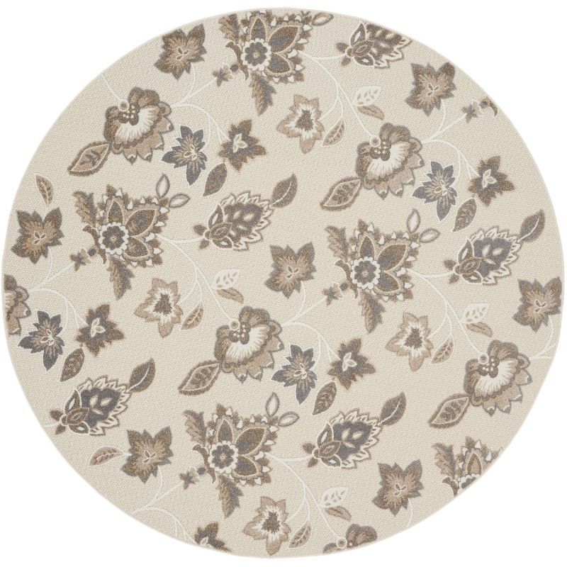 Nourison Aloha Floral Farmhouse Flatweave High-Low Indoor Outdoor Round Rug Beige 7’10” x 7'10"